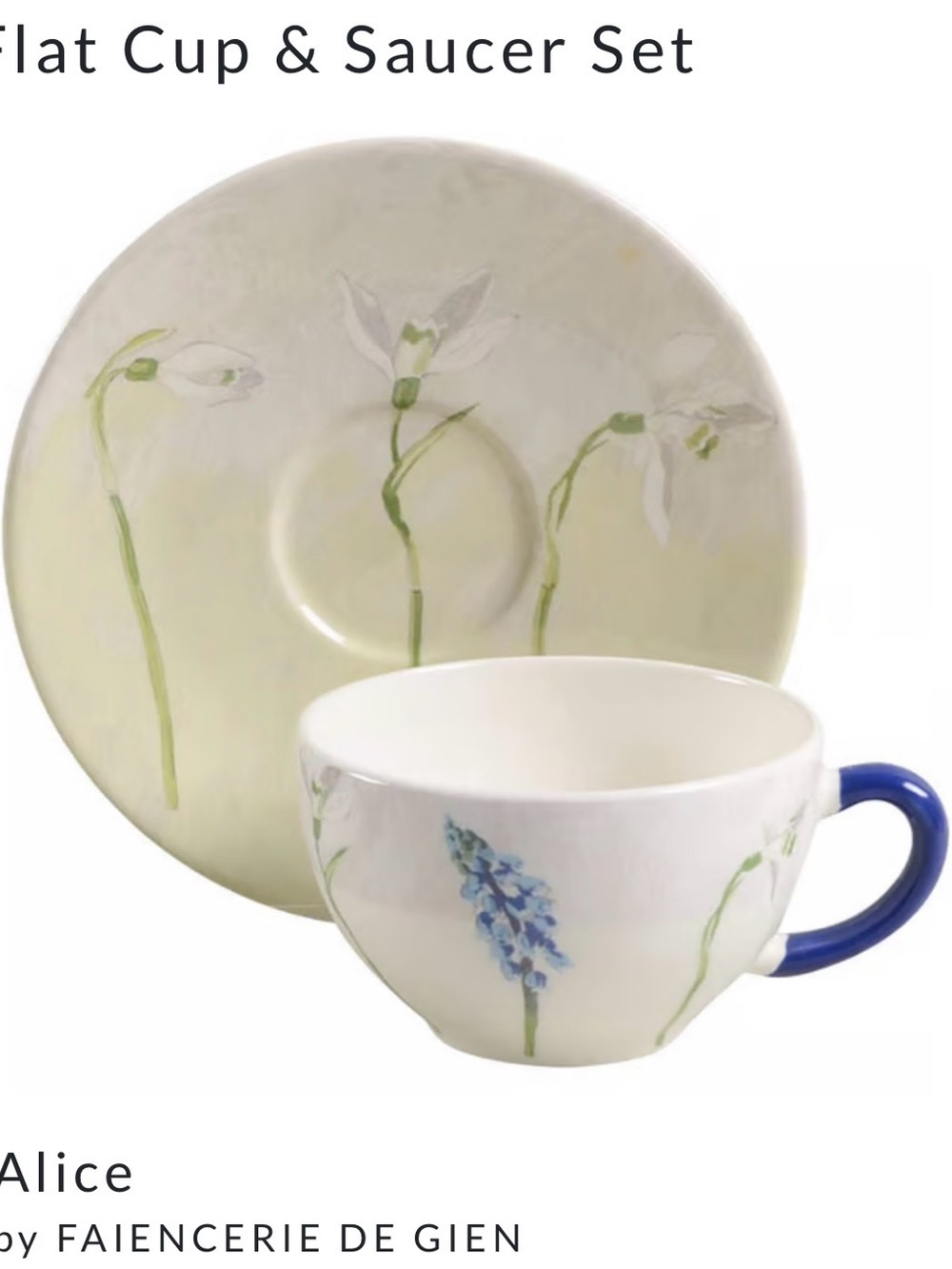 RARE Gien France Alice blue floral snowdrop flowers cup and saucer like new